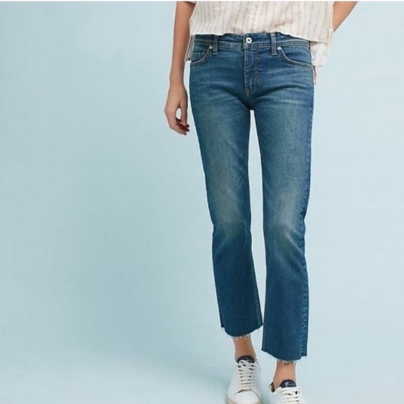 Anthropologie Pilcro Blue Mid-Rise Raw Hem Slim Straight Crop Ankle Jean Pants - Picture 1 of 12